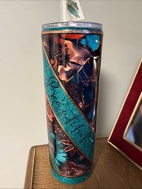 Handmade Western Country Cowhide Teal Glitter Floral Slim Tumbler beautiful soul